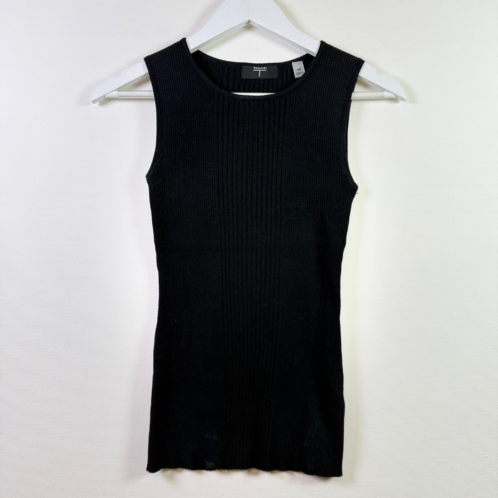 TAHARI Black Ribbed Knit Sleeveless Shell Tank Top S